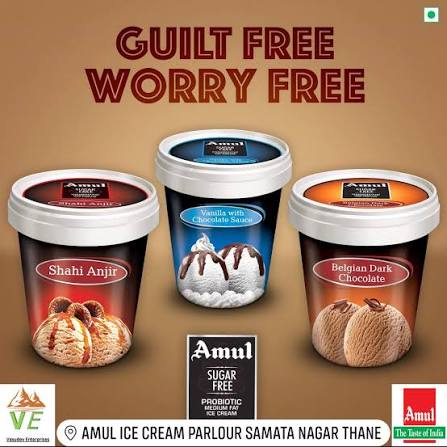 Guilt free. Worry free. Sugar free. Amul Sugar Free probiotic medium fat icecream.