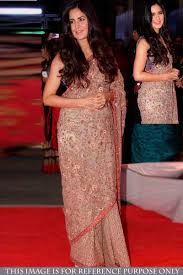 Saree online sales, Katrina Kaif Peach net embroidered sari, u neck