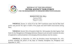 Extended coronavirus curbs will continue to hurt the philippines' economy, which posted a record 9.6 percent slump last year. Iatf Resolution 106 A On Ecq In Ncr Plus Bubble 27 March 2021 Mindanews