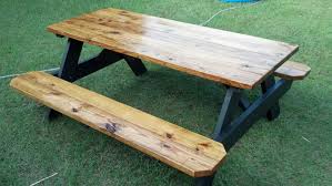 Another Way To Finish A Picnic Table Clear Polyurethane Tops And Benches With Behr Slate Stain Picnic Table Makeover Diy Picnic Table Picnic Table