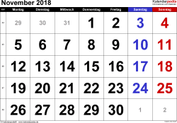Med denne november 2018 kalender kan du hurtigt se, hvornår du fx har ferie. Kalender November 2018 Als Word Vorlagen