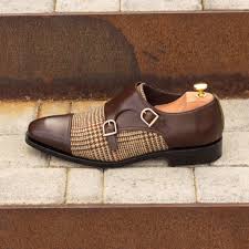 Custom Made Men S Goodyear Welt Double Monk In Dark Brown Polished Calf With Tweed And Khaki Kid Suede Dress Shoes Men Goodyear Welt Custom Design Shoes