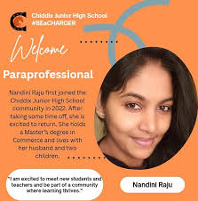 Please join us in welcoming Aravinda Narisepalli to our Chiddix team!  Aravinda will be serving as a paraprofessional, supporting our students and  staff in creating a positive and engaging learning environment. Welcome