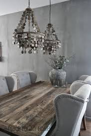 Classic Rustic Country Style Dining Room With Beautiful Mother Of Pearl Chandeliers Grey Dining Room Reclaimed Wood Dining Table Gray Dining Chairs