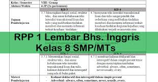 Ki kd bahasa inggris sd guru ilmu sosial. Rpp 1 Lembar Bhs Inggris Kelas 8 Smp Mts Antapedia Com