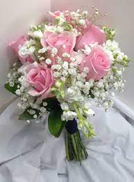 Bridal Bouquet With Pink Roses White Mini Carnations And Baby S Breath Wedding Bouquets Pink Flower Bouquet Wedding Prom Flowers Bouquet