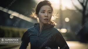 Image Generated AI. Asian female running on the street in the morning -  SuperStock