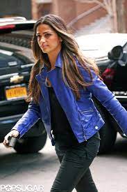 Mm Hits His Nola Set While Camila Makes The Rounds In Nyc Blue Leather Jacket Leather Jacket Celebrity Jackets