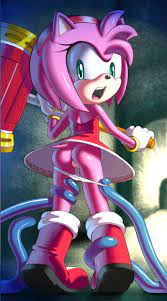 apostle, amy rose, chaos, sega, sonic (series), highres, 1girl, ass,  assisted exposure, boots, cleft of venus, dress, furry, furry female, green  eyes, hammer, headband, imminent rape, looking back, open mouth, panties,  panty