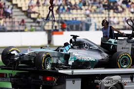 The Mercedes Amg F1 W05 Of Lewis Hamilton Mercedes Amg F1 Is Recovered Back To The Pits On The Back Of A Truck After He C Mercedes Amg Lewis Hamilton Mercedes