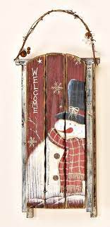 Wooden Snowman Sled With Bells Christmas Wood Christmas Wall Art Primitive Christmas