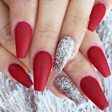 60 Gorgeous Glitter Acrylic Coffin Nails Designs Red And Silver Nails Red Nails Glitter Red Nails Matte shade of red with flower on coffin nails.