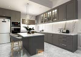 This modern kitchen features a gray and white color scheme, with a marble waterfall edge kitchen island, marble backsplash and stainless steel appliances. Transitional Dry Kitchen Semi D Pasir Puteh Ipoh Dry Kitchen Kitchen Home Interior Design