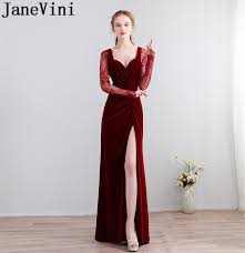 Janevini Vestidos Burgundy Velvet Godmother Wedding Party Dress Side Split Long Sleeve Mermaid Burgundy Evening Dress Godmother Dress Unique Bridesmaid Dresses