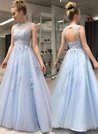 Light Blue Round Neck Tulle Lace Long Prom Dress Evening Dress Tulle Dress Prom Dresses Blue A Line Prom Dresses