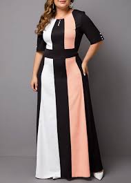 Plus Size Half Sleeve Color Block Maxi Dress