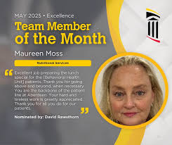 Congrats to one of UM UCH's Team Members of the Month for May 2025! Join us  in celebrating Maureen Moss from Nutritional Services for demonstrating our  core value of Excellence. #TeamMemberoftheMonth #Recognition #