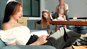 Cheating hunk fucks gorgeous chambermaid in front of his wife