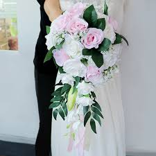 This is a good choice for brides who want to showcase their wedding dress with the flowers slightly to the side. White Rose Waterfall Wedding Bouquet Teardrop Romantic Long Bridal Bouquet Bride Roses Artificial Flowers Bruidsboeket Buy At The Price Of 31 66 In Aliexpress Com Imall Com