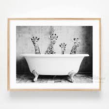 Four Giraffes In A Bath Art Print Shipped Ready To Frame Etsy Bath Art Bathroom Artwork Bathroom Prints