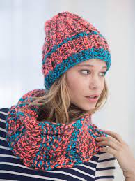 Ribbed Slouchy Hat And Cowl In Lion Brand Hometown Usa Multi L40020 Knitting Patterns Free Scarf Knitted Hats Cowl Knitting Pattern