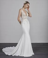 Deep V Neck Sleeveless Beaded Lace Bodice Fit And Flare Wedding Dress Kleinfeld Bridal Bridal Dresses Fit And Flare Wedding Dress Pronovias Wedding Dress