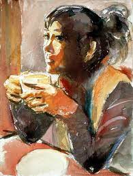 Art block print of pretty woman drinking coffee. Woman Drinking Coffee Coffee Painting Coffee Art Coffee Drinks