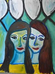 Sisters In Blue Painting by Pam Malone