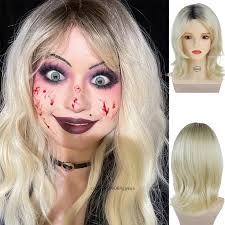 Halloween novia de Chucky mujeres Tiffany Rubio Omber pelo negro pelucas de  separación media Jennifer Tilly disfraz Cosplay peluca Natural