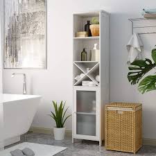 You can put usual toiletries and basic skin care products in the. Buy Tiptiper Tall Bathroom Storage Cabinet Freestanding Linen Tower Cabinet With 3 Tier Shelves Removable X Shaped Stand Space Saving Floor Cabinet With Tempered Glass Door White 64 Height Online In Turkey B08nfvxkfs