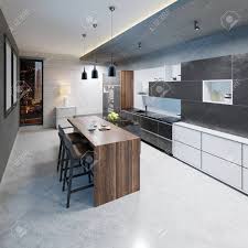 Browse photos of kitchen designs for your next project. Modern Kitchen Design With A Long Center Island And Bar Table Stock Photo Picture And Royalty Free Image Image 113849751