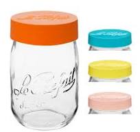 Le Parfait Screw Top Jar - 1L Wide Mouth French Glass Storage Jar  w/Assorted Color Plastic Lid, 32oz/Quart (Pack of 4)