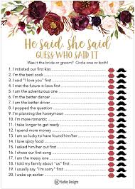 This fun bridal shower quiz game for the close friends and family of bride and groom. Buy 25 Floral Wedding Bridal Shower Engagement Bachelorette Anniversary Party Game Ideas Gold He Said She Said Cards For Couples Funny Co Ed Trivia Rehearsal Dinner Guessing Question Fun Kids Supplies Online