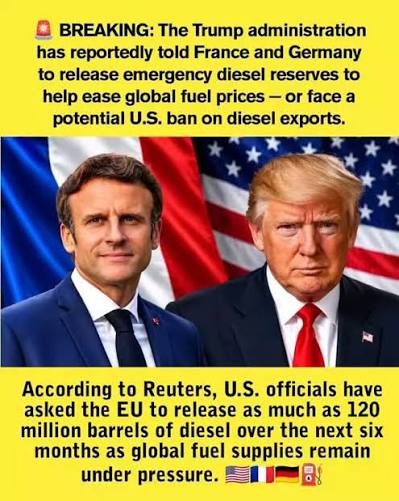 US President Donald Trump says European countries have agreed to release  “massive amounts” of diesel from their reserves immediately, predicting  fuel prices will fall further once the war with Iran ends.