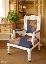 Amazing Color Print On Gray Fabric Contrasts With The White Paint Beautifully On This Chair Reupholstery Proj Chair Design Wooden Refurbished Chairs Chair Redo