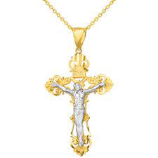 Solid 14k Two Tone Gold Roman Catholic Cross Charm With Jesus Inri Crucifix Pendant Necklace Crucifix Pendant Cross Charms Crucifix Pendant Necklace