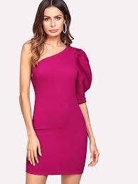 Buy One Shoulder Fold Pleat Puff Sleeve Dress In The Online Store Bigshopstyle Puff Sleeve Dresses Off One Shoulder Dress Fashion