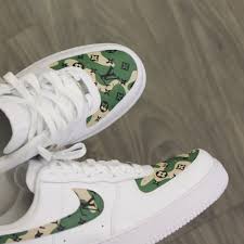 Black Air Forces With White Writing Custom Air Force 1 Camo Lv Monogram Print Lv Monogram Custom Sneakers Sneakers Drawing