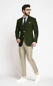 Olive Green Cotton Blazer Custom Made By A I Hangrr Blazer Outfits Men Green Suit Men Green Blazer Outfit