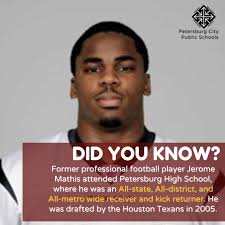 DID YOU KNOW? 💡 Former professional football player Jerome Mathis attended  Petersburg High School, where he was an All-state, All-district, and  All-metro wide receiver and kick returner 🏆. He was drafted by