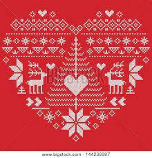 Maybe you would like to learn more about one of these? Heart Shape Scandinavian Printed Textile Style And Inspired By Norwegian Christmas And Festive Winter Seamless Pattern In Cross Stitch With Christmas Tree Snowflakes Reindeer Heart And Ornament On Red Background Poster Id 144239987