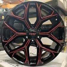 Black And Red Wheels 24 Gmc Yukon Snowflake Black Red Milled Wheels Chevy Tahoe Silverado Tires Ebay In 2020 Chevy Tahoe Gmc Yukon Gmc