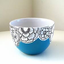 Black And White Pot Painting Ideas Ceramic Bowl Flowers Blue Black White Botanicals Painted Floral Turquoise Housewarming Wedding Gift Pottery Painting Pottery Painting Designs Ceramic Painting