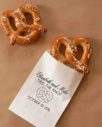 Individual pretzel with text $2.25. Amazon Com Tied The Knot Pretzel Bags Hot Pretzel Sacks Wedding Snack Bags Bakery Bags Wedding Favor Personalized Coated Grease Resistant Set Of 25 Handmade Products