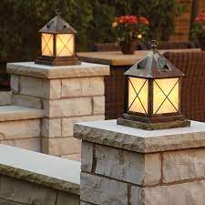 Outdoor Living Space Lit With Exterior Pier Lights Outdoor Pillar Lights Diy Outdoor Lighting Outdoor Post Lights
