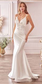 Love her glorious satin wedding gown, jewelry, makeup and hairstyle. Cinderella Divine Ch236 Floor Length Sheath Stretch Satin Wedding Gown Off White Pleated Waistband Discountdressshop