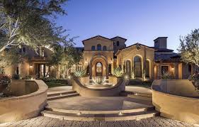Mediterranean Luxury Home Front Entry Patio Courtyard With Water Fountain Mediterranean Homes Mediterranean Luxury Mediterranean Homes Exterior