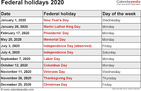 Federal and state holidays 2024. Us Federal Holidays 2020