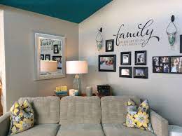 Living Room Kitty Corner Couch Turquoise Ceiling Gallery Wall Gallery Wall Living Room Corner Couch Couch Decor