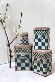 Black And White Checkered Canister Set 1930s French Tin Nesting Canisters Lustucru Checkered Pattern Cream And Blue Free Shipping Within The Us Vintage Tins Canisters Vintage Tin Vintage Tins